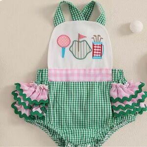 New “Golf” Green and Pink Cotton Gingham Baby Romper 12-18 months